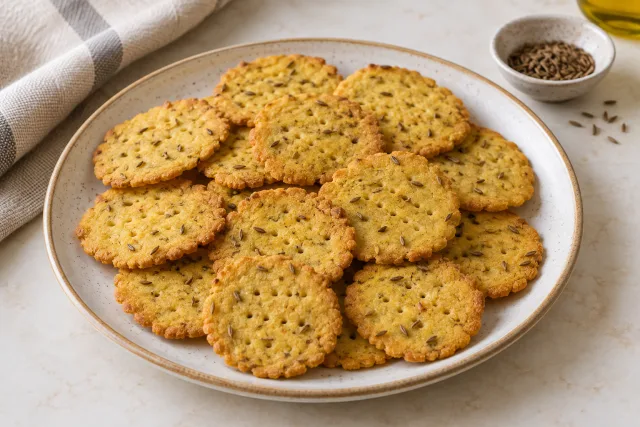 बेसन-जीरा crackers का AI से बनाया गया चित्र