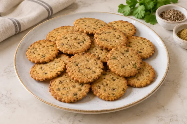 सत्तू-धनिया crackers का AI से बनाया गया चित्र