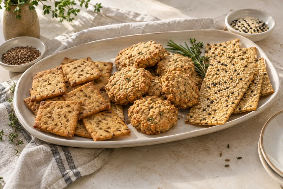 जीरा, ओट्स और तिल वाले नमकीन बेक किए हुए बिस्किट व crackers
